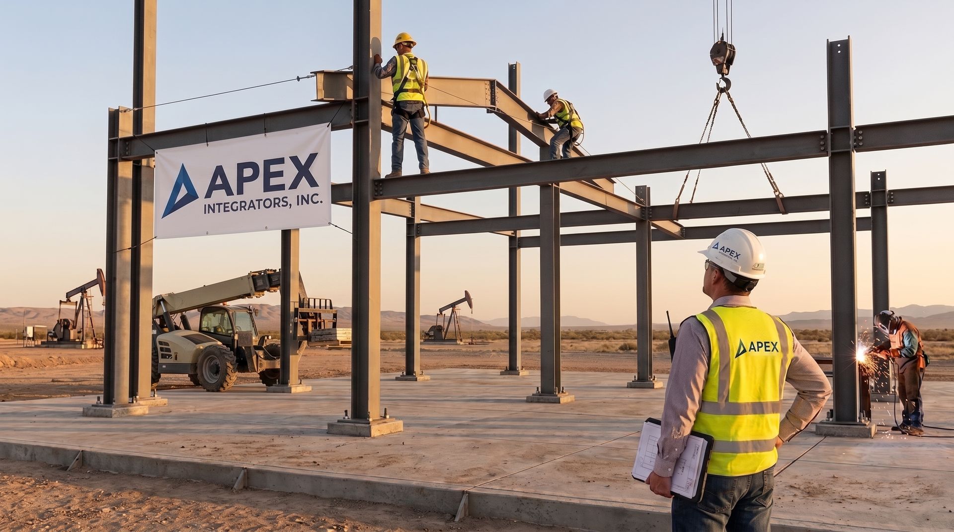 Apex Integrators crew erecting a structural steel frame at an oil and gas site