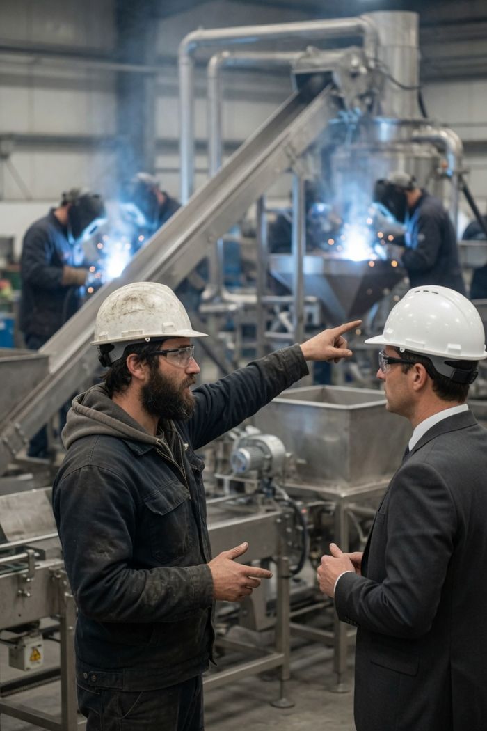 Apex crew walking a customer through an equipment installation on the plant floor