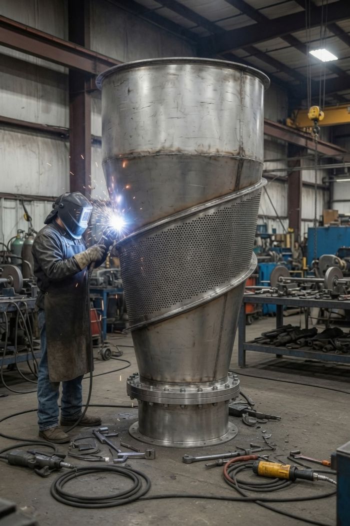 Fabricator welding a stainless steel cyclone separator in the shop